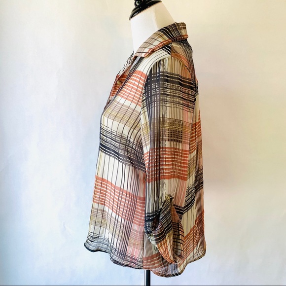 Lovely Sheer Brown Tan Button Blouse Lg - Picture 3 of 6